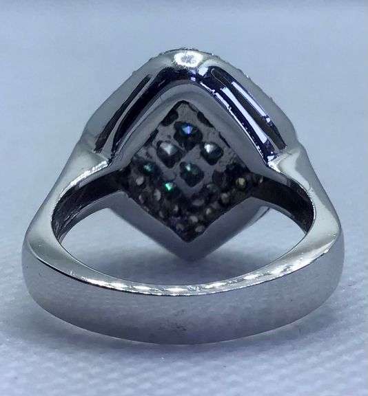 ONE OF A KIND 14K WHITE GOLD PRINCESS AND ROUND CUT BLUE AND WHITE DIAMOND COCKTAIL RING