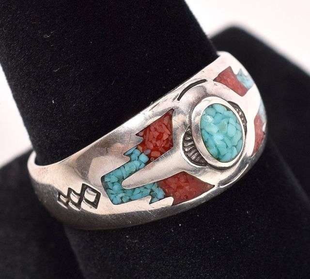 Sterling Silver Native American Turquoise and Coral Gemstone Ring