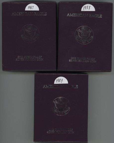 3 Diff. Gem Proof $1 Silver Eagles: 1987, 1988, & 1989. Box/COA