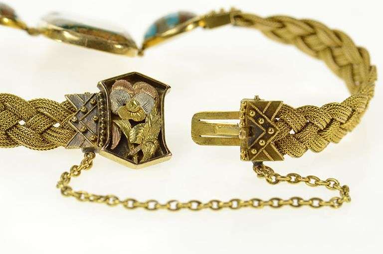 18K Yellow Gold Elaborate Turquoise Woven Braided Chain Bracelet