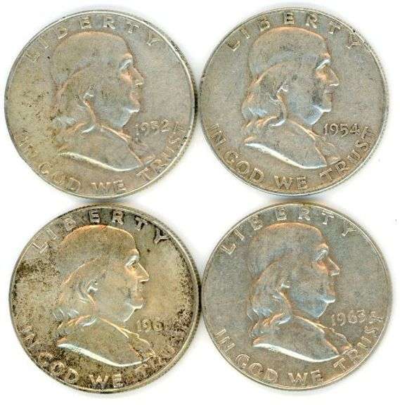 4 Different Silver Franklin Half Dollars: 1952-1963
