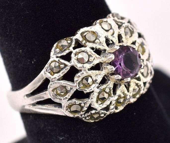 Sterling Silver Amethyst and Marcasite Gem Ring