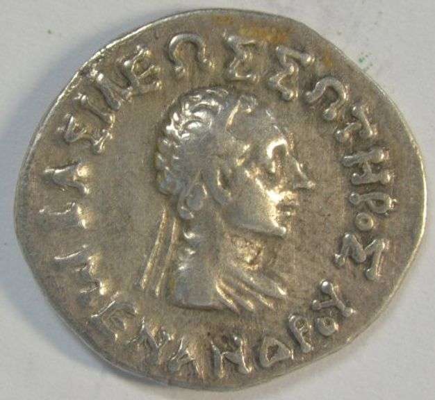 Very sharp and scarce Baktria Silver Drachm of Menander, 160-145 BC