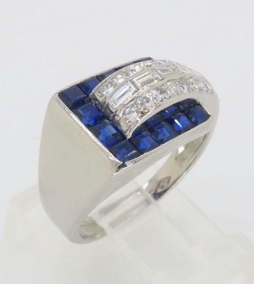 Blue Sapphire & Diamond Buckle Style Ring in Platinum