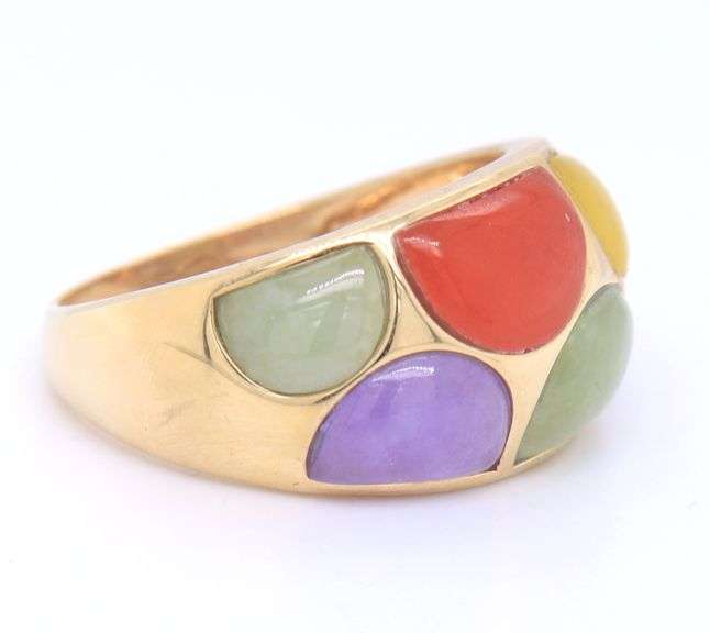 Beautiful Yellow Gold Multi Color Jade Dome Ring