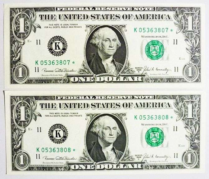 (2) Crisp Exceptional 1969C $1 Star Notes Dallas Consecutive Serial Numbers!