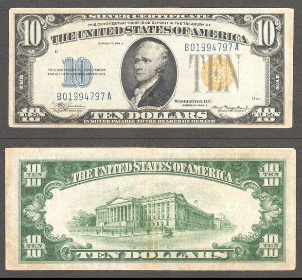 $10 1934-A Silver Cert, Fr. 2309 North Africa WWII Emergency Yellow Seal VF-XF
