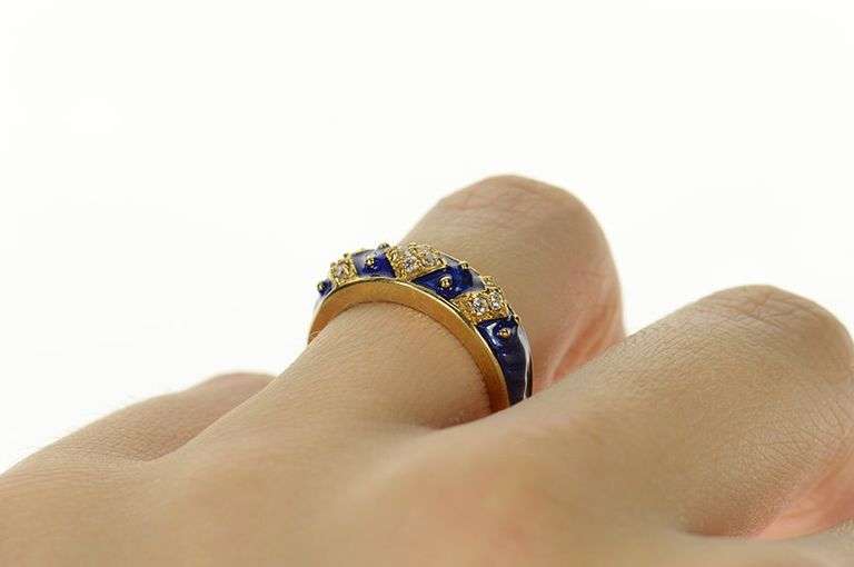 14K Yellow Gold Royal Blue Enamel CZ Statement Band Ring