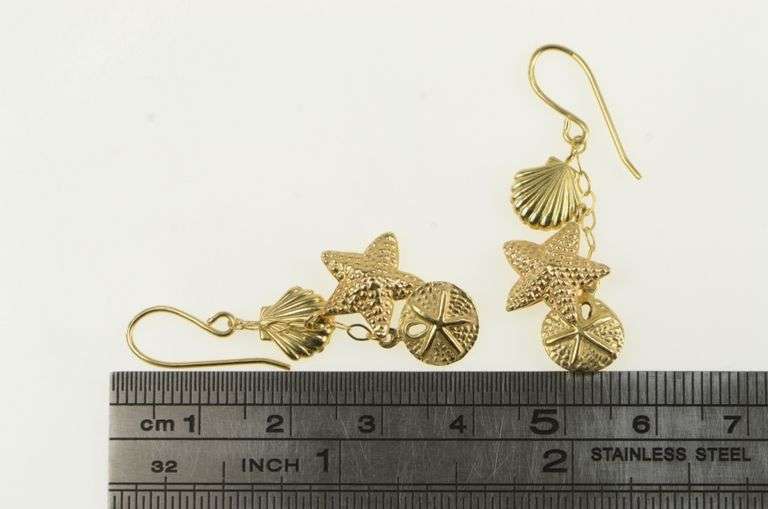14K Yellow Gold Sand Dollar Sea Star Fish Shell Dangle Earrings