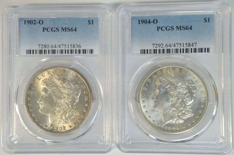 Nearly Gem BU 1902-O & 1904-O Morgan Silver Dollars. PCGS MS64