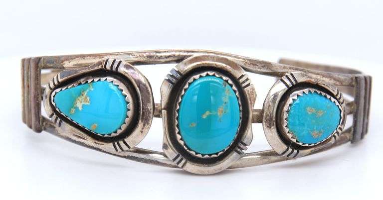 Vintage 925 sterling silver signed turquoise cuff bangle bracelet