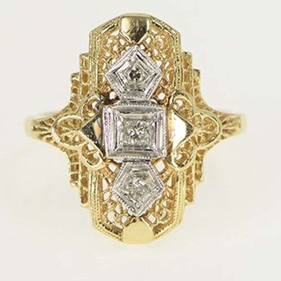 14K Yellow Gold Art Deco Filigree Diamond Statement Ring