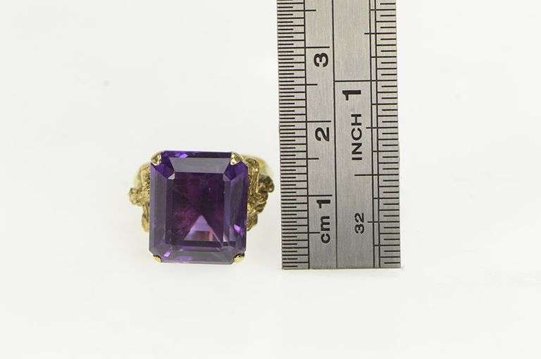18K Yellow Gold Emerald Cut Amethyst Ornate Cocktail Ring