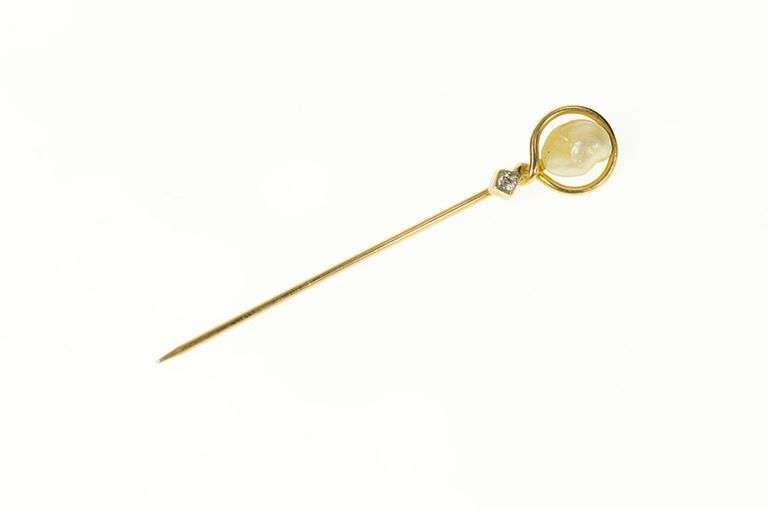 14K Yellow Gold Victorian Pearl Diamond Ornate Twist Stick Pin
