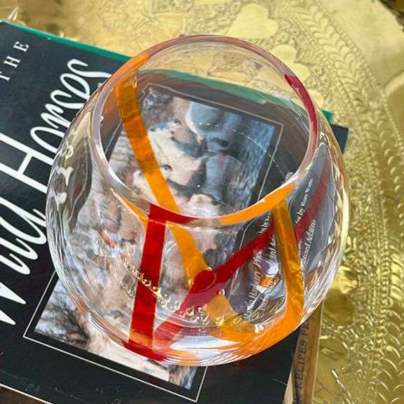 Hand Blown Clear Art Glass  Vase With Orange and Red Optic Swirls