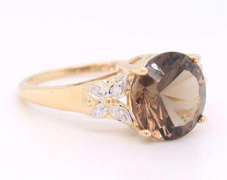 14kt Yellow gold smoky quartz and diamond accent ring