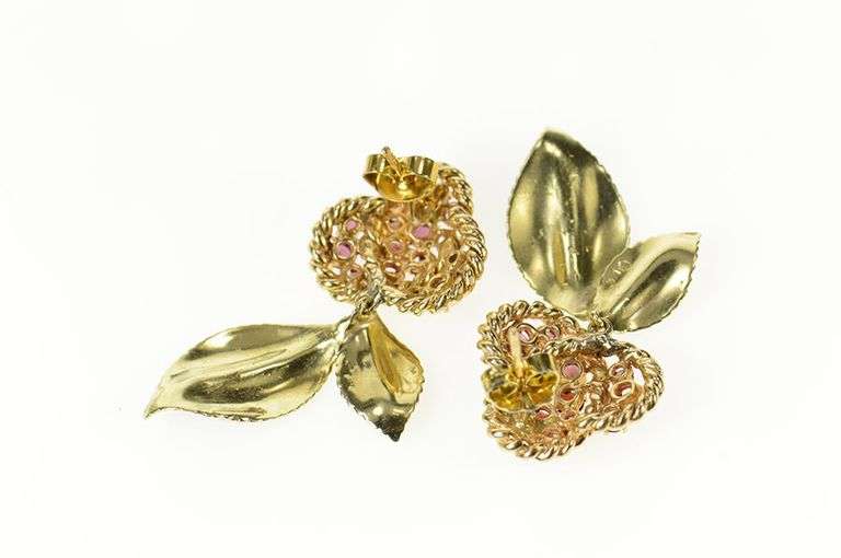 14K Yellow Gold Ornate Ruby Green Enamel Cherry Cluster Earrings