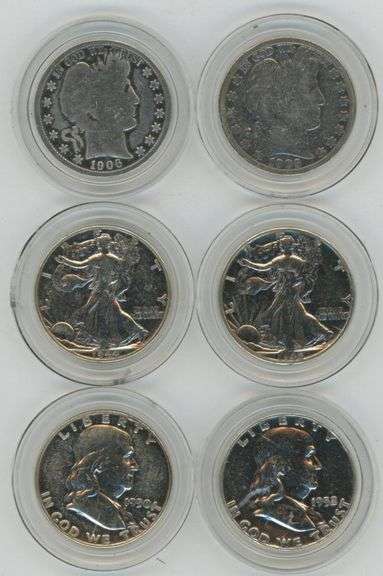 6 Assorted Silver Half Dollars in custom capsules