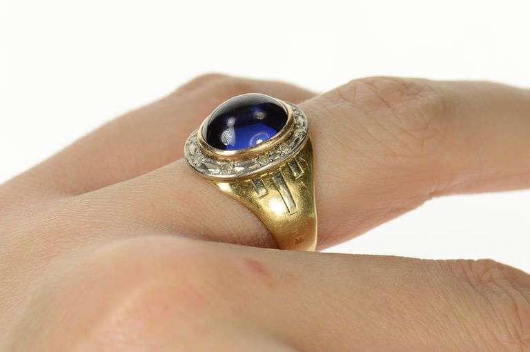 10K Yellow Gold 6.75 Ctw Oval Sapphire Diamond Halo Retro Ring