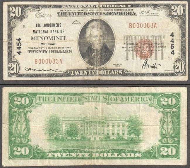 $20 1929 The Lumbermen's National Bank of Menominee, MI Ch# 4454 Serial #83 VF