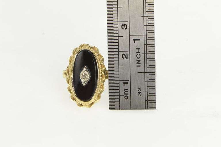 14K Yellow Gold Ornate Oval Black Onyx Diamond Ring