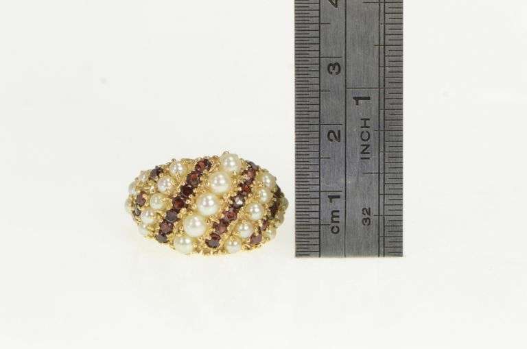 14K Yellow Gold Pearl Garnet Domed Striped Statement Ring
