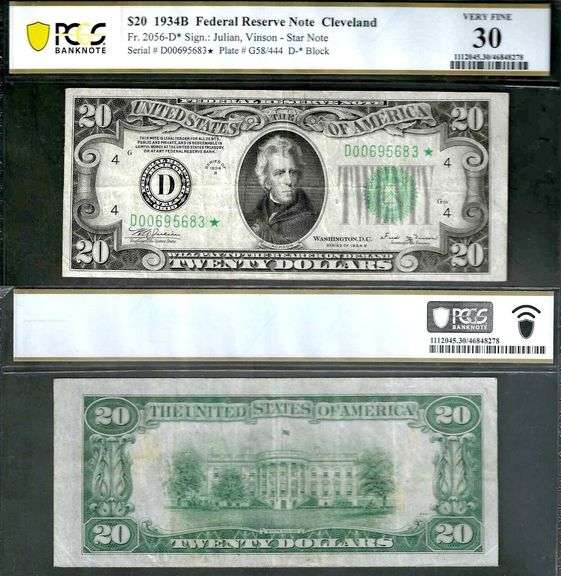 $20 1934-B FRN, Fr. 2056-D* =Cleveland STAR= PCGS-B Very Fine 30