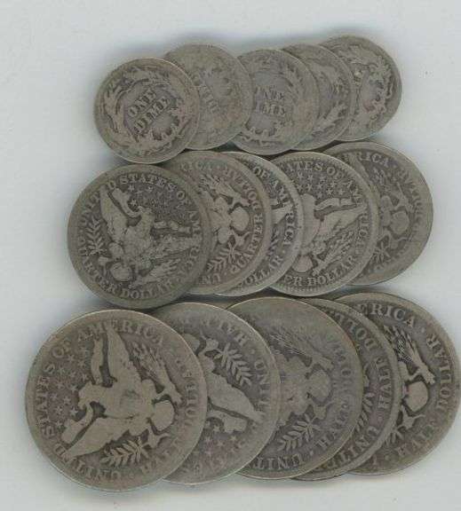 Barber coinage lot of 15 assorted (5 each) Dimes, Quarters and Half Dollars