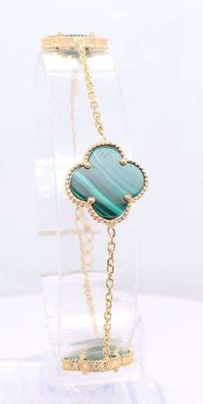 14kt Yellow gold three clover malachite link bracelet