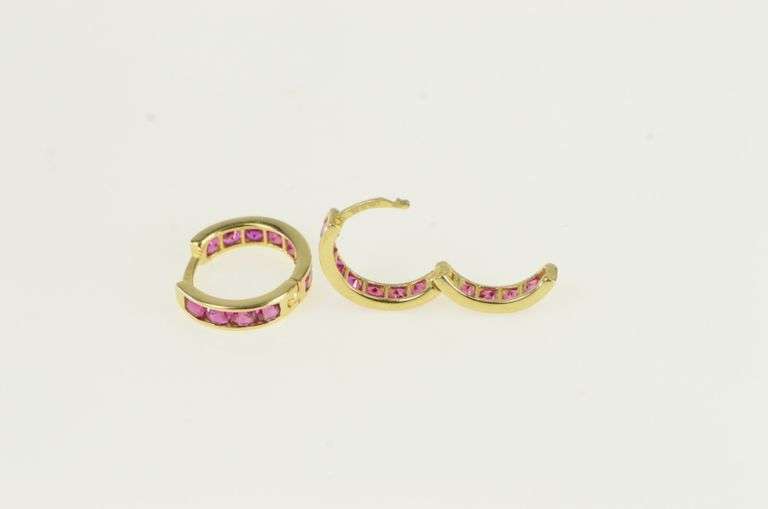 14K Yellow Gold 11.9mm Syn. Ruby Huggies Hoop Earrings