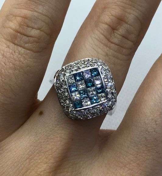 ONE OF A KIND 14K WHITE GOLD PRINCESS AND ROUND CUT BLUE AND WHITE DIAMOND COCKTAIL RING