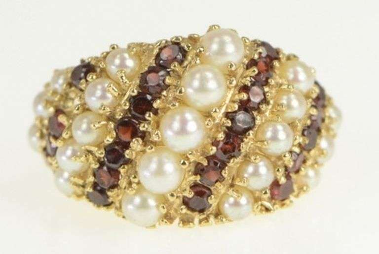 14K Yellow Gold Pearl Garnet Domed Striped Statement Ring