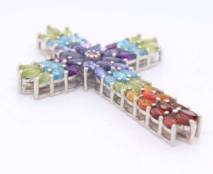 925 Sterling silver multi color cubic zirconia cross pendant