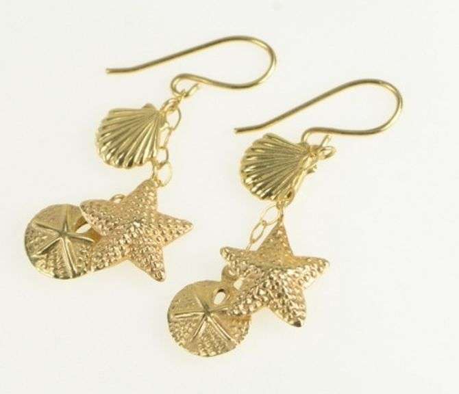 14K Yellow Gold Sand Dollar Sea Star Fish Shell Dangle Earrings