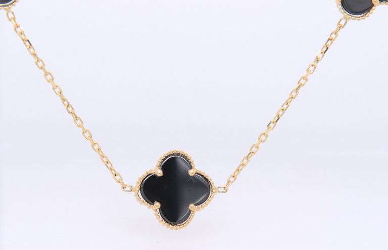 Black Onyx 5 Clover 14kt Yellow Gold Necklace