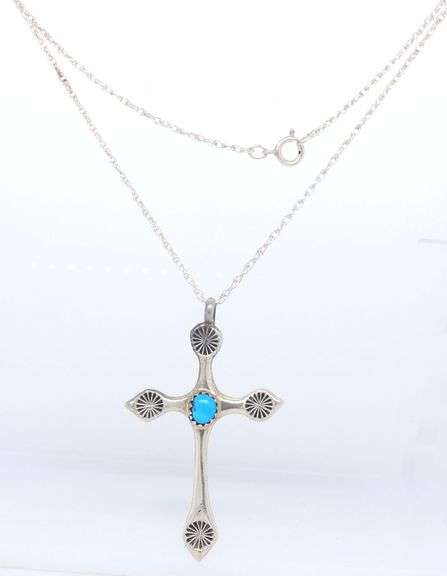 925 Sterling silver turquoise cross pendant on rope chain necklace