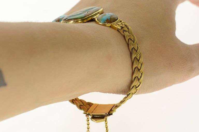 18K Yellow Gold Elaborate Turquoise Woven Braided Chain Bracelet