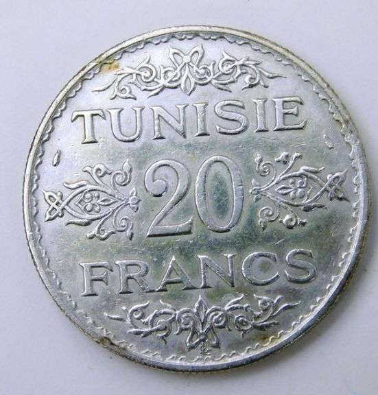 1934 Tunisia 20 Francs Silver Coin