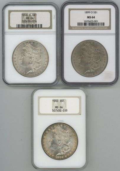 Super near Gem BU trio of diff. Morgan Silver Dollars. NGC MS64