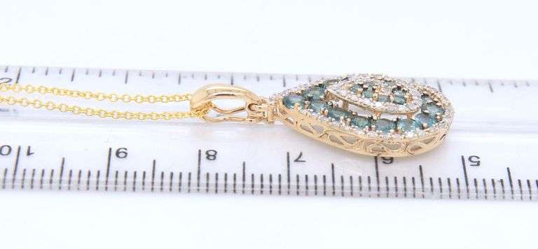 14kt Yellow gold Spinel and diamond swirl teardrop pendant on chain necklace