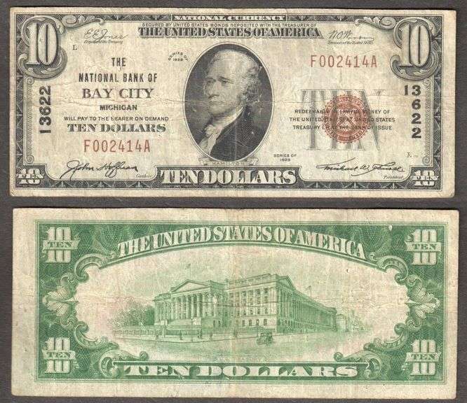 $10 1929-1 NBN=BAY CITY, MI= NB BAY CITY=Ch 13622=10 YRS SINCE PUBLIC OFFERED=VF