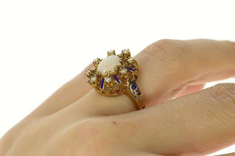 14K Yellow Gold Victorian Opal Diamond Enamel Halo Cocktail Ring
