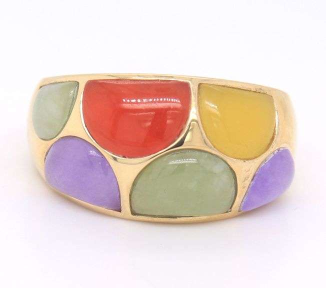 Beautiful Yellow Gold Multi Color Jade Dome Ring