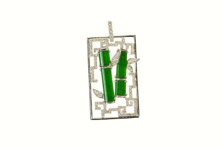 18K White Gold Jade Diamond Ornate Squared Vine Motif Pendant
