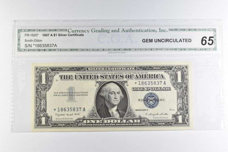 CGAI Gem Unc 65 $1 1957-A US Silver Certificate Blue Seal FR-1620*