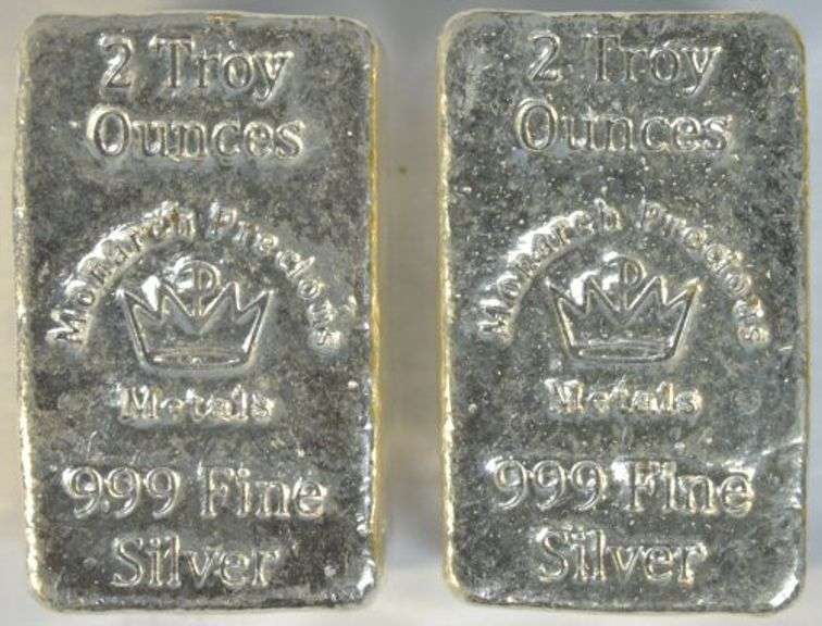 2 Vintage Monarch Precious Metals 2 Troy Oz Silver Bars