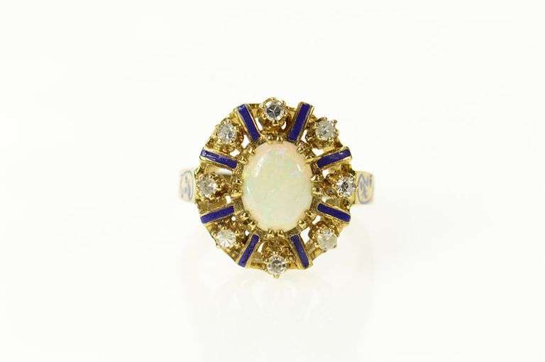 14K Yellow Gold Victorian Opal Diamond Enamel Halo Cocktail Ring