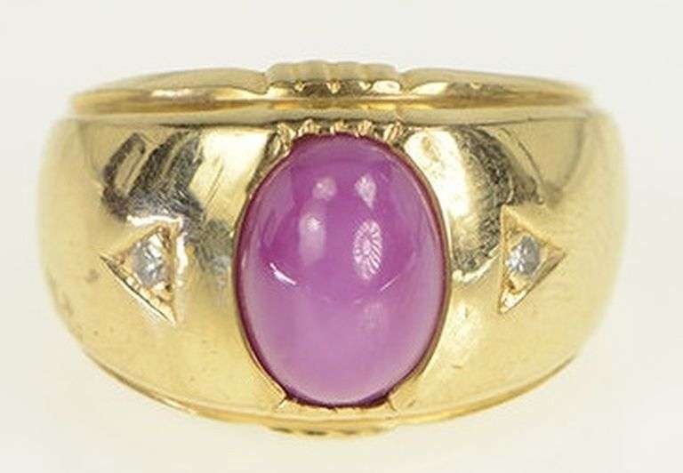 14K Yellow Gold Oval Syn. Star Ruby Diamond Vintage Ring