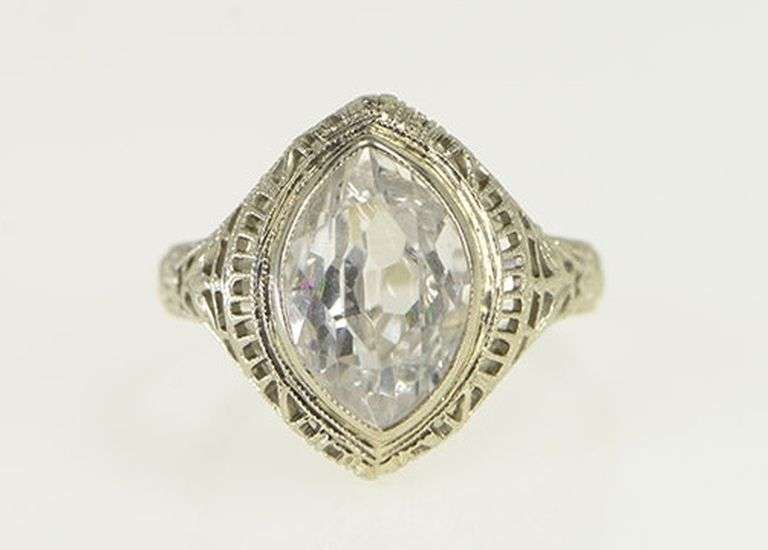 14K White Gold Marquise CZ Ornate Filigree Statement Ring