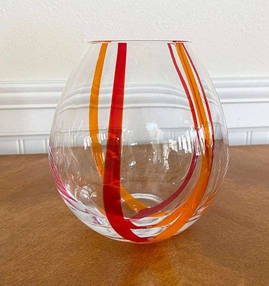 Hand Blown Clear Art Glass  Vase With Orange and Red Optic Swirls